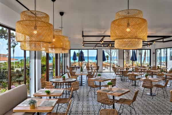 Airy and elegant, the dining area at Hawas Gardens Restaurant